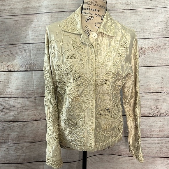 Vintage Sandy Starkman Silk Blouse Embroidered Beaded Appliqués Cut Work Small - Picture 1 of 10